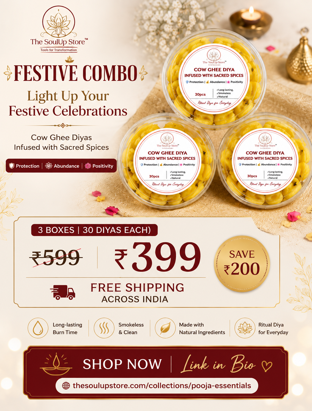Cow Ghee Diya Infused with Sacred Spices – 3 Boxes (30 Diyas Each)