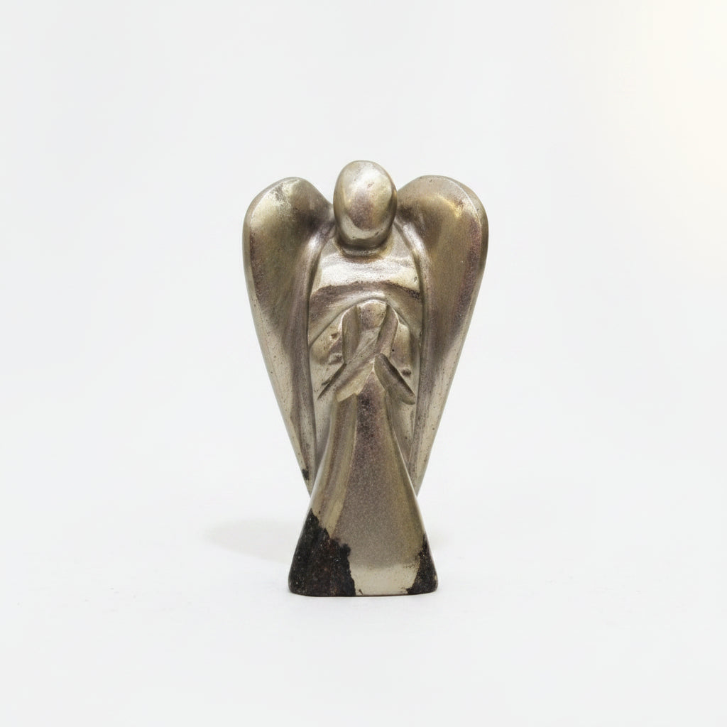 Pyrite Angel figurine held in hand - golden metallic crystal