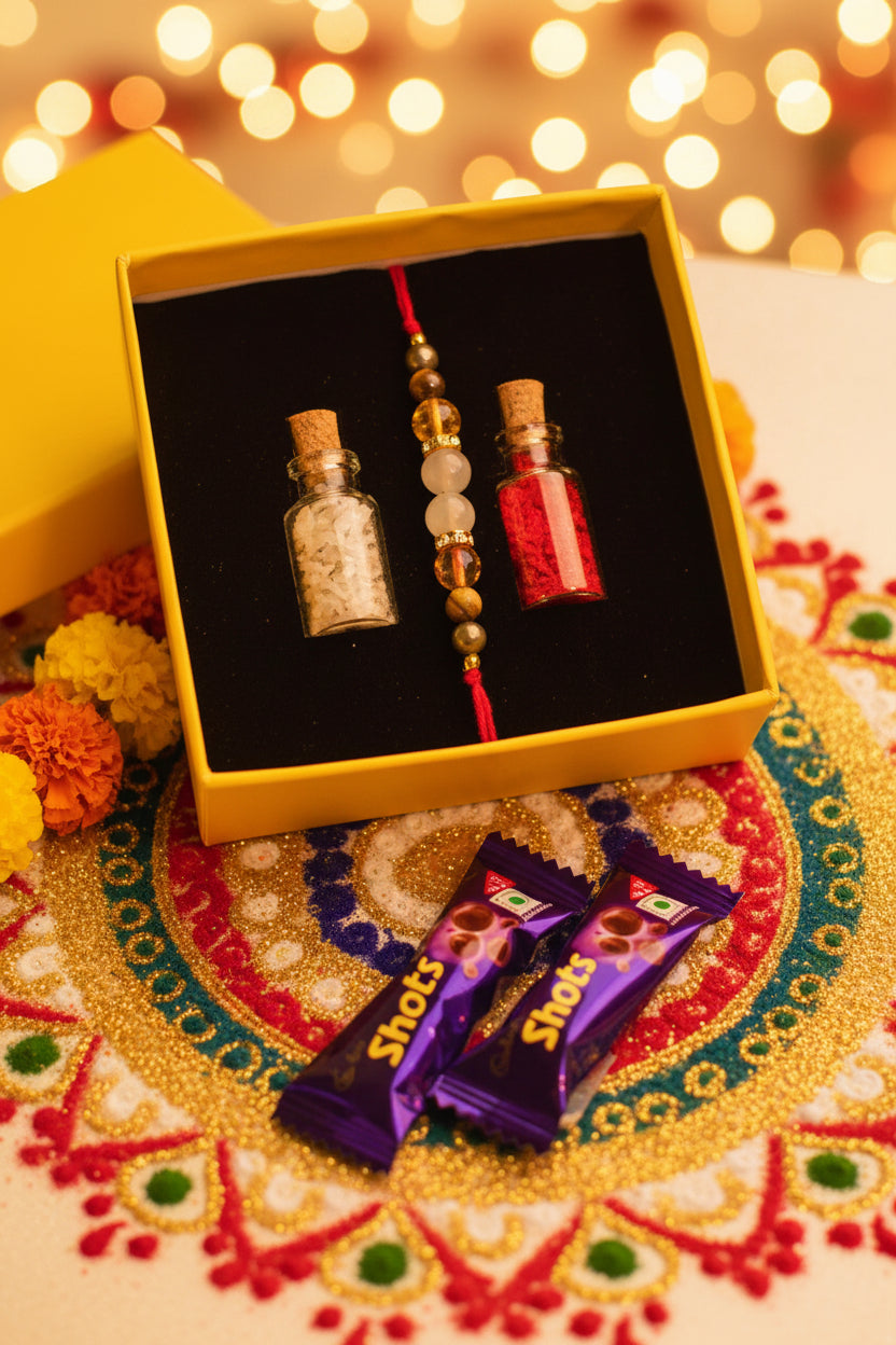🌟 A protective Rakhi tied with love

🍫 Sweet treats to share joy

Beautifully packed and infused with heartfelt meaning—this gift box is more than a present, it’s a memory.