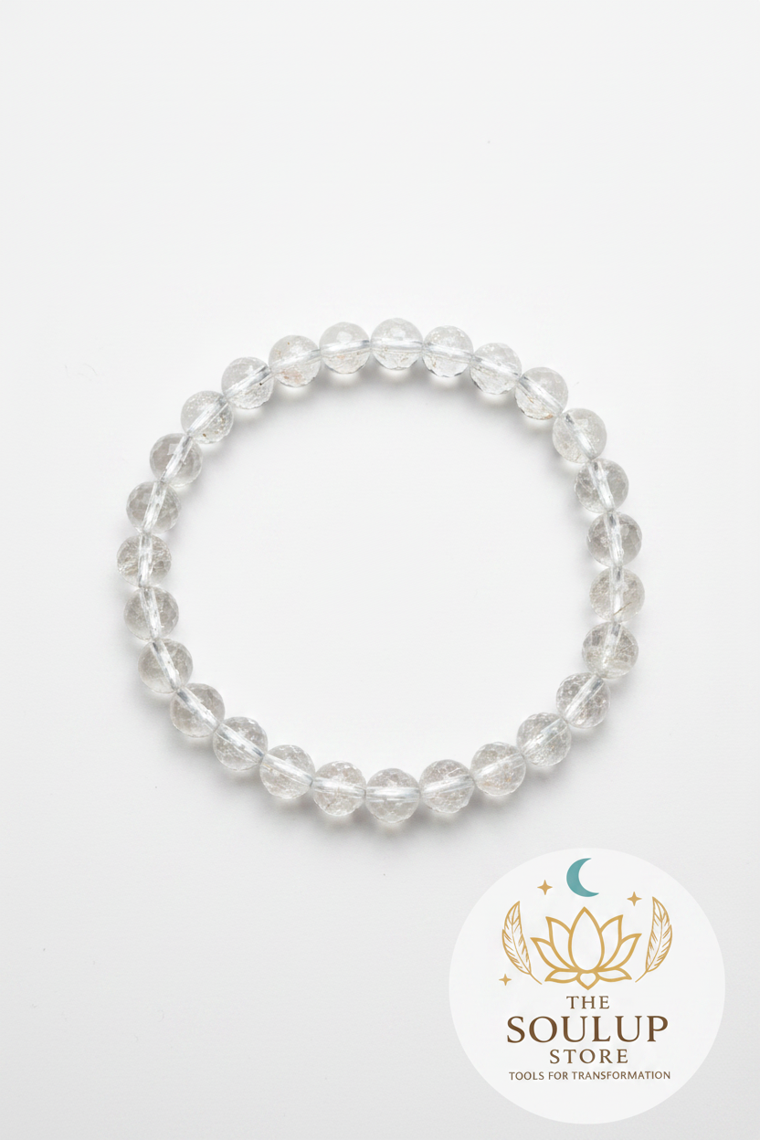 Clear Quartz Faceted Crystal Bracelet - White Background with SoulUp Sticker