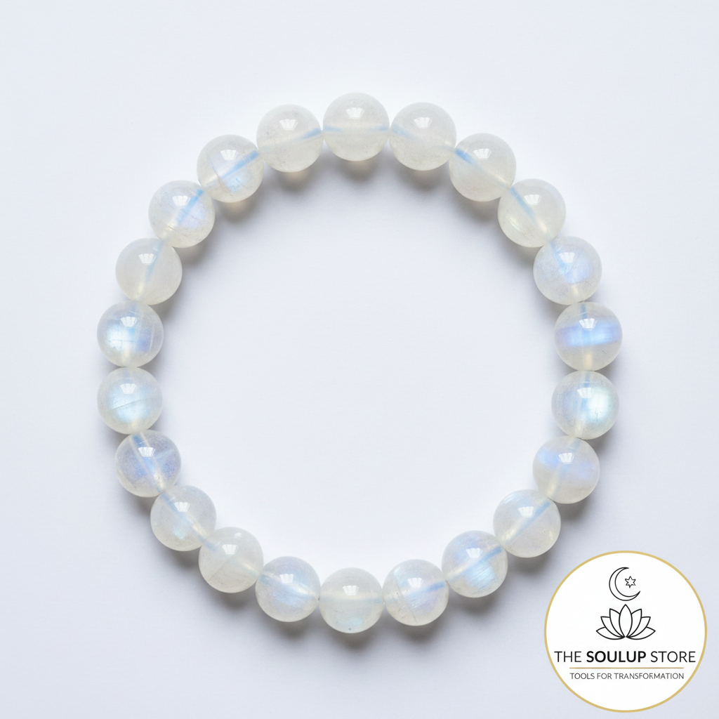 Rainbow Moonstone 8mm crystal bracelet top-down view on white background with SoulUp Store logo