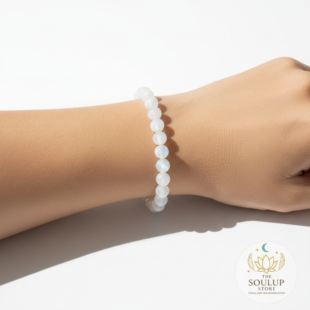 Rainbow Moonstone crystal bracelet worn on wrist, single bracelet, no other jewellery