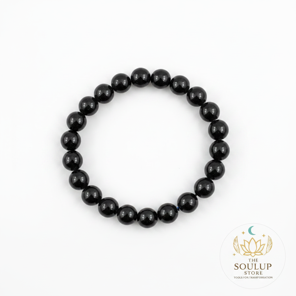 Black Tourmaline 8mm crystal bracelet top-down view on white background with SoulUp Store logo