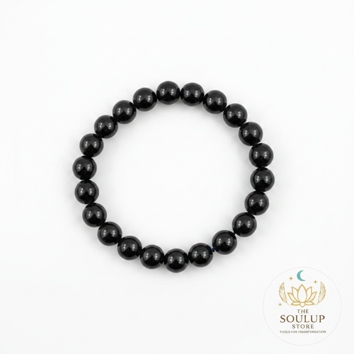 Black Tourmaline 8mm crystal bracelet top-down view on white background with SoulUp Store logo
