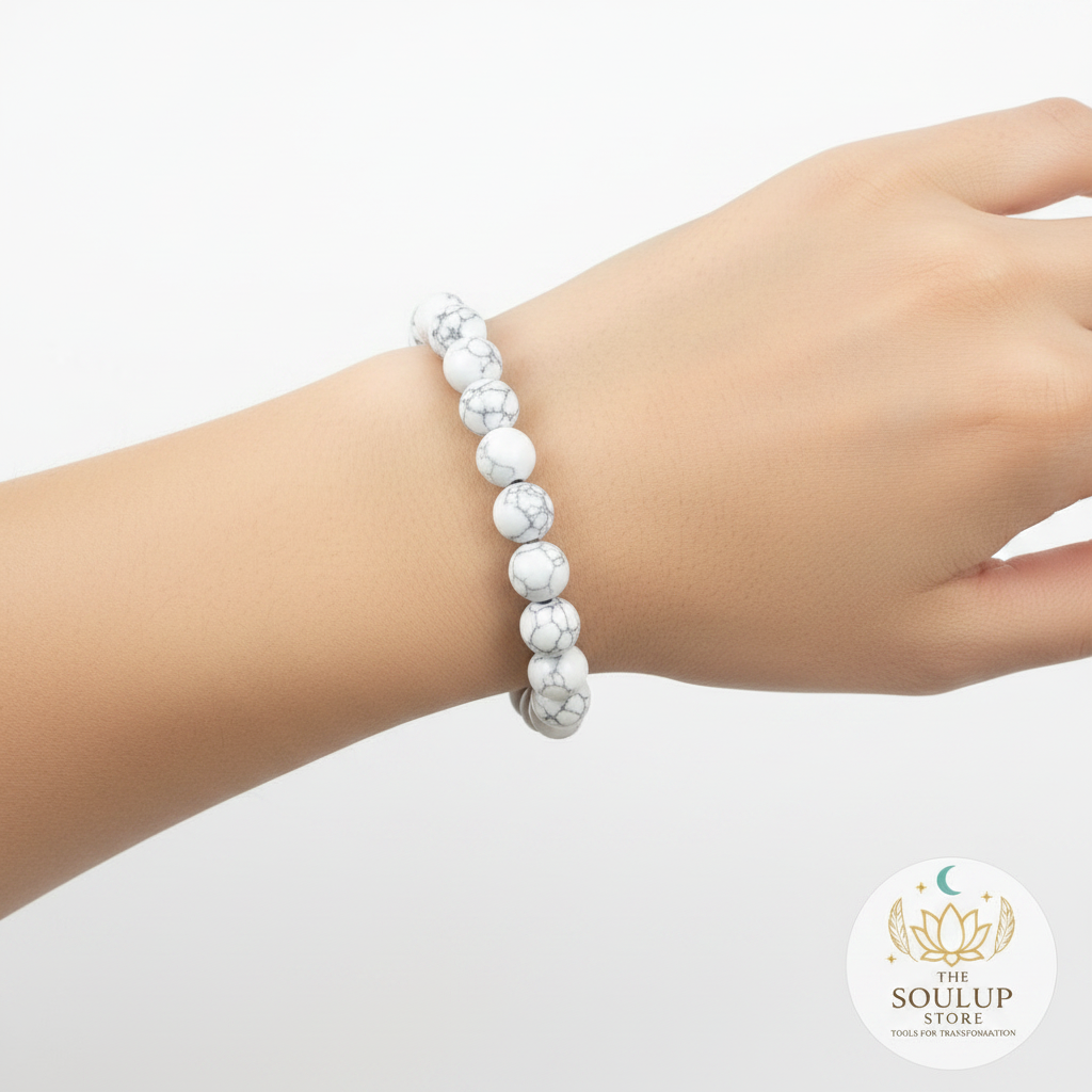 Howlite crystal bracelet worn on wrist, single bracelet, no other jewellery