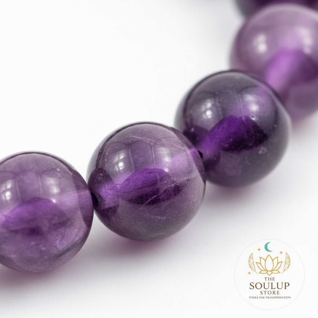 Close-up of Amethyst 8mm natural gemstone beads with SoulUp Store logo