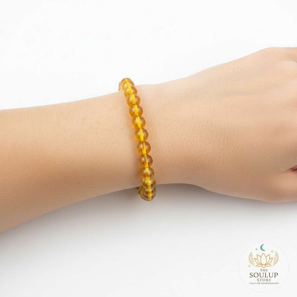 Citrine crystal bracelet worn on wrist, single bracelet, no other jewellery