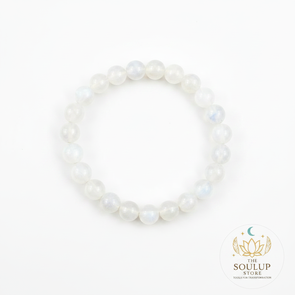 Rainbow Moonstone 8mm crystal bracelet flat lay on white background with SoulUp Store logo