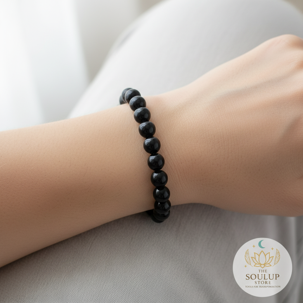 Black Tourmaline crystal bracelet worn on wrist, single bracelet, no other jewellery
