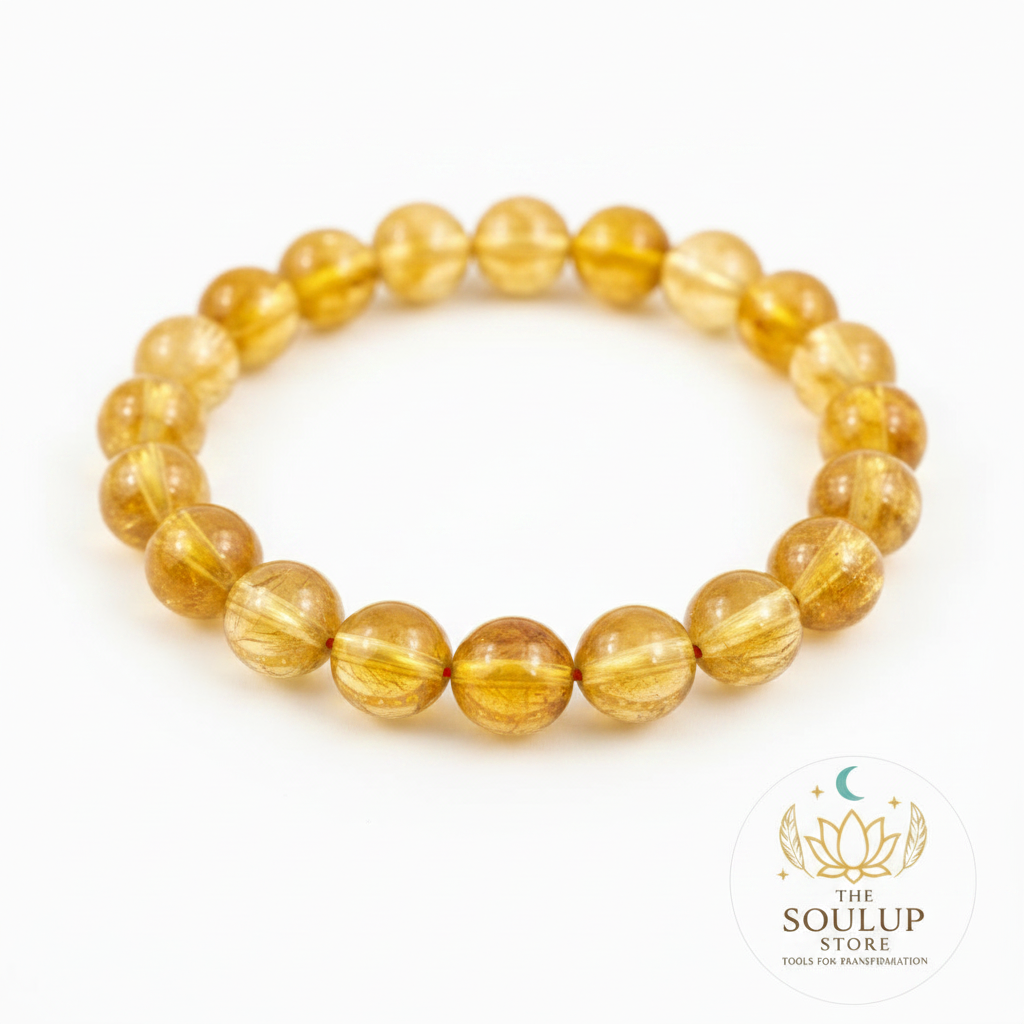 Close-up of Citrine 8mm natural gemstone beads with SoulUp Store logo