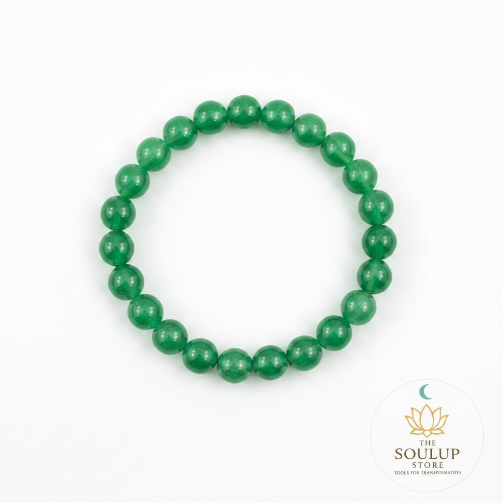 Green Aventurine 8mm crystal bracelet flat lay on white background with SoulUp Store logo