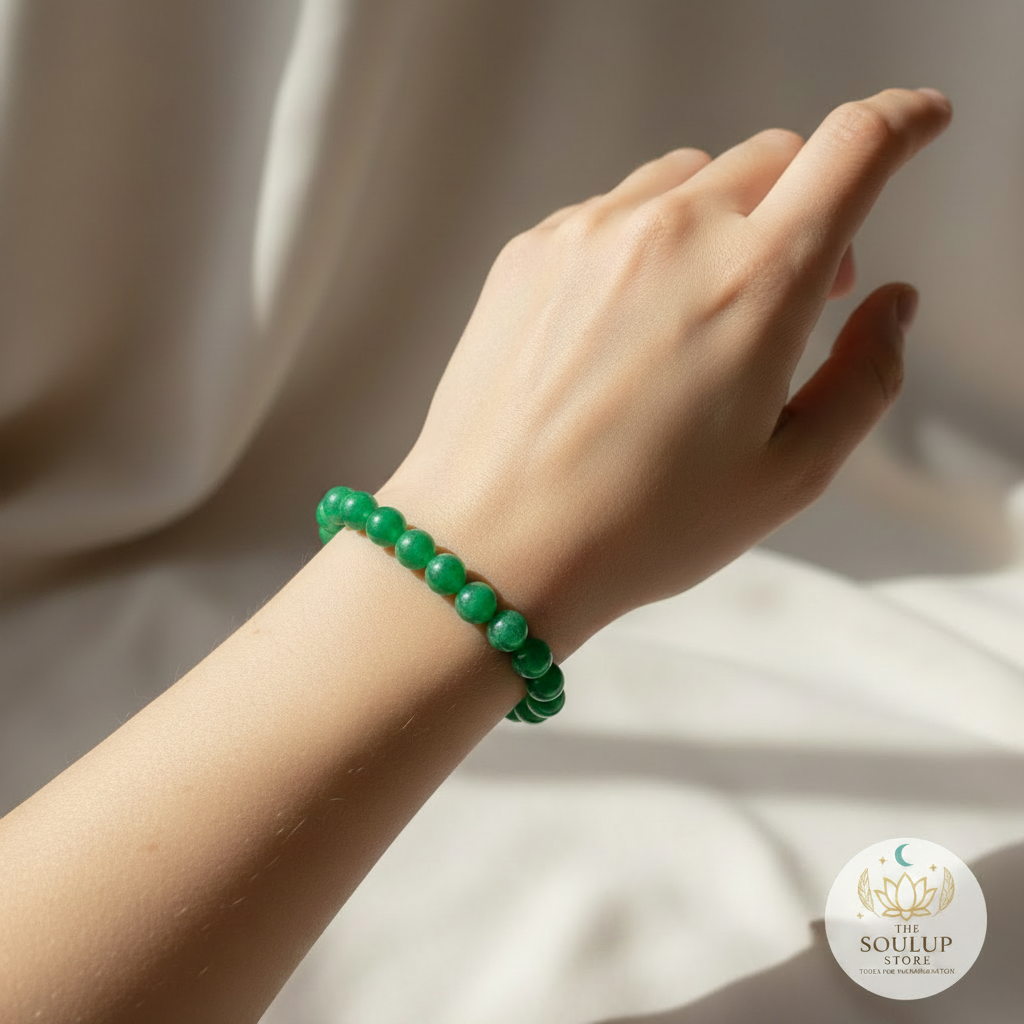 Green Aventurine crystal bracelet worn on wrist, single bracelet, no other jewellery