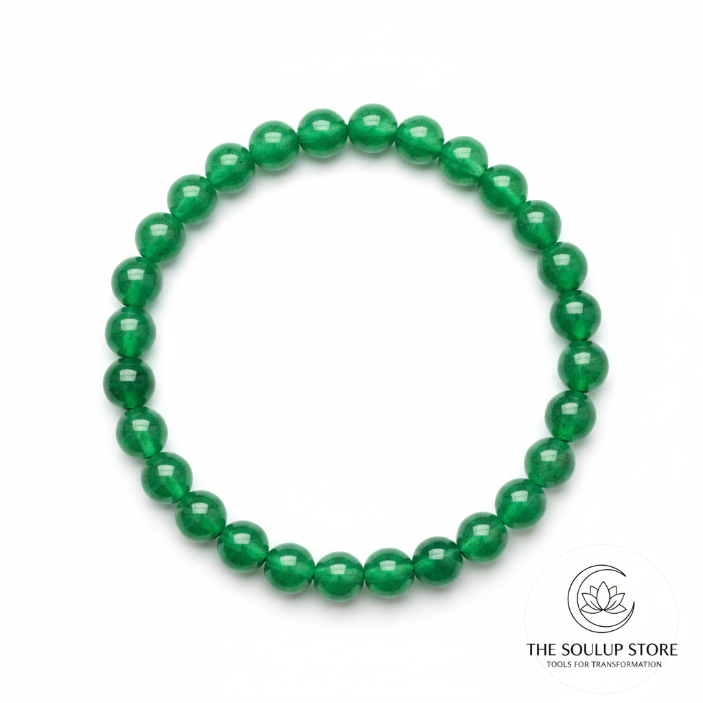 Green Aventurine 8mm crystal bracelet top-down view on white background with SoulUp Store logo
