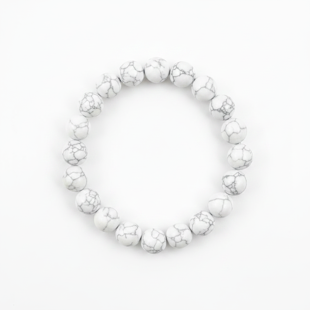 Howlite 8mm crystal bracelet flat lay on white background with SoulUp Store logo