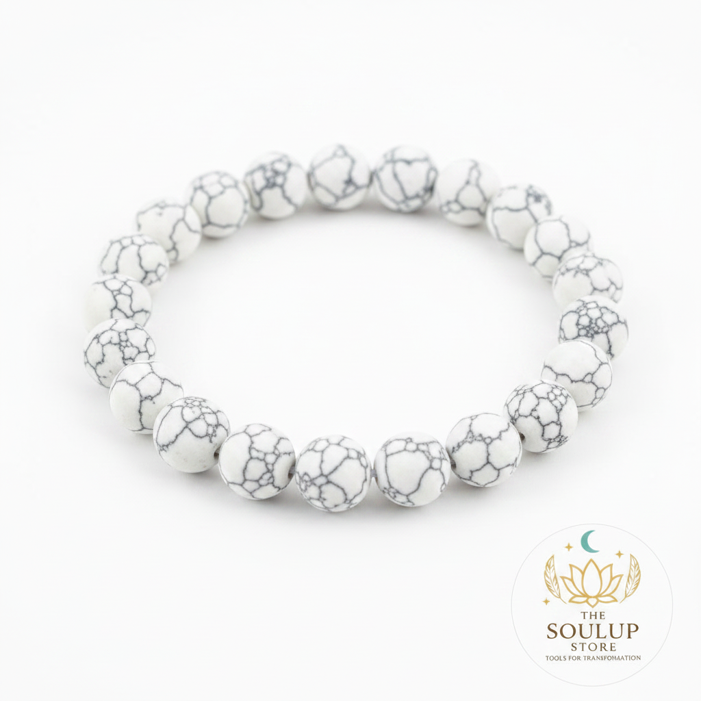 Close-up of Howlite 8mm natural gemstone beads with SoulUp Store logo