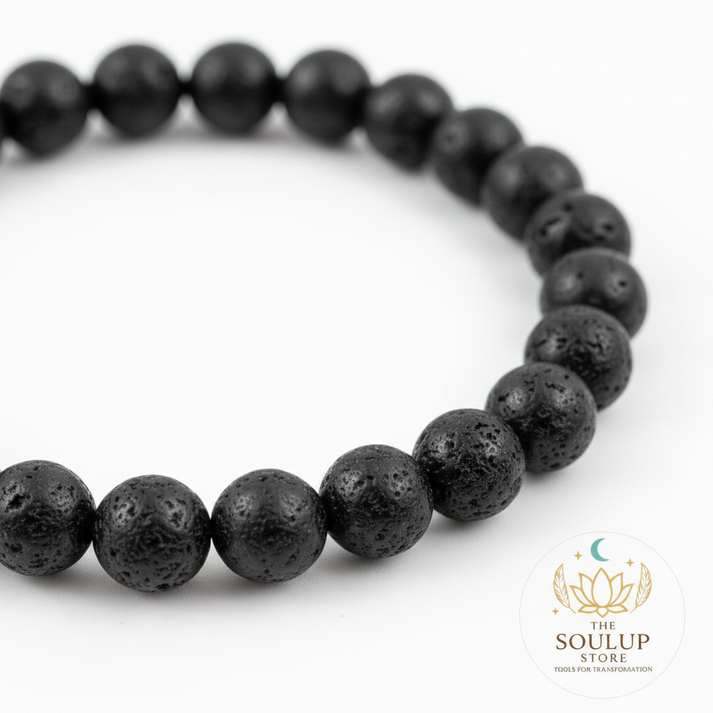 Close-up of Black Tourmaline 8mm natural gemstone beads with SoulUp Store logo