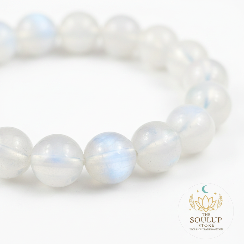 Close-up of Rainbow Moonstone 8mm natural gemstone beads with SoulUp Store logo