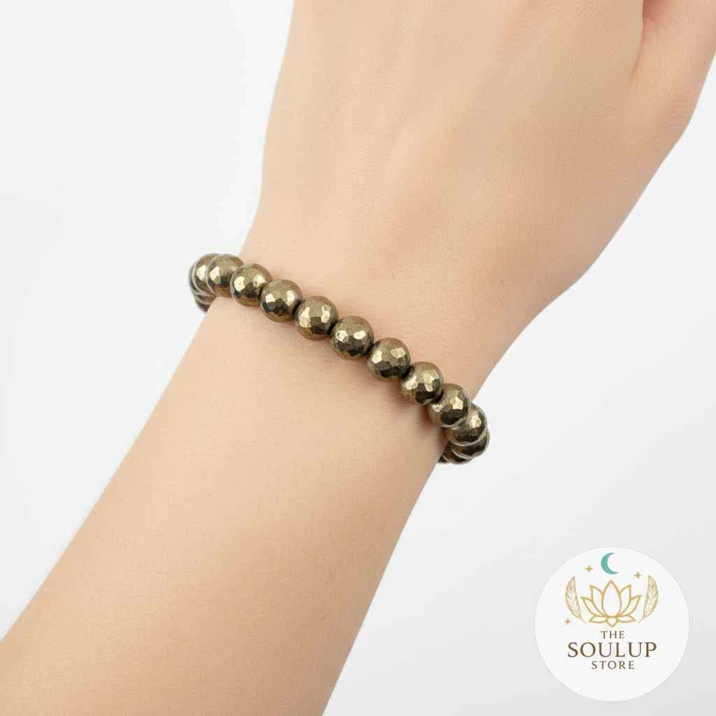 Pyrite crystal bracelet worn on wrist, single bracelet, no other jewellery