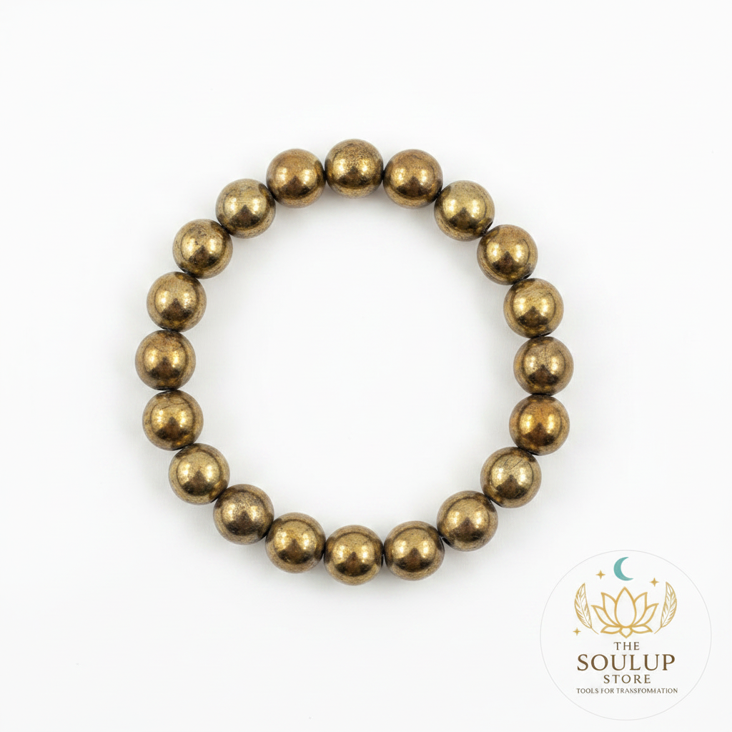 Pyrite 8mm crystal bracelet top-down view on white background with SoulUp Store logo