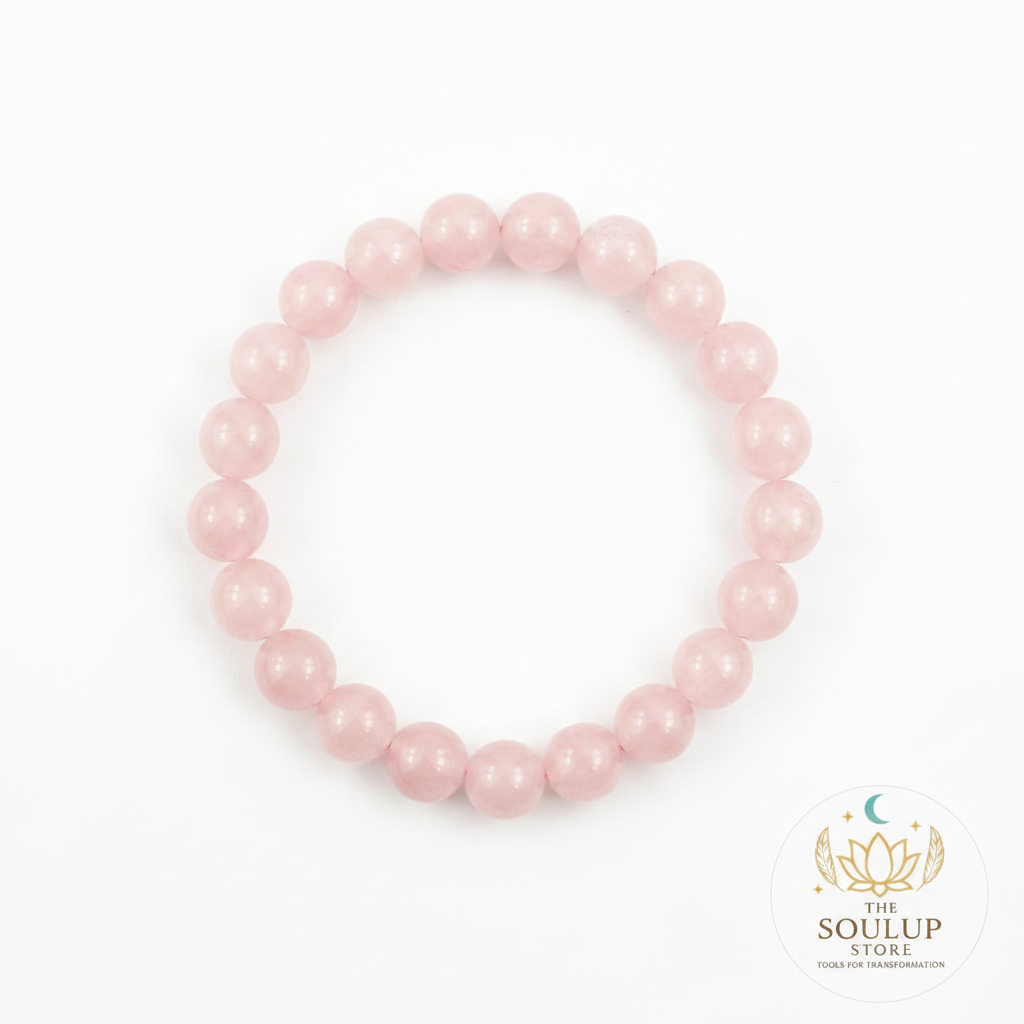 Rose Quartz 8mm crystal bracelet flat lay on white background with SoulUp Store logo