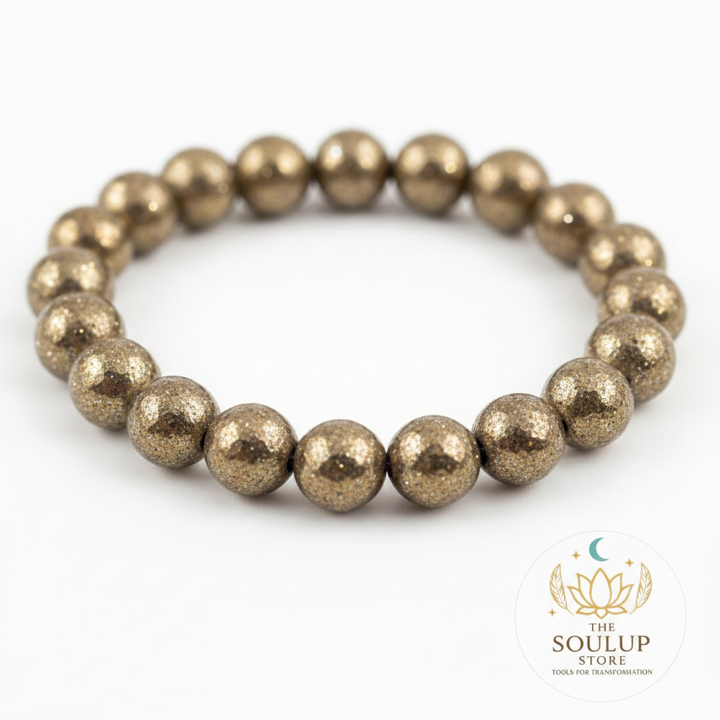 Close-up of Pyrite 8mm natural gemstone beads with SoulUp Store logo