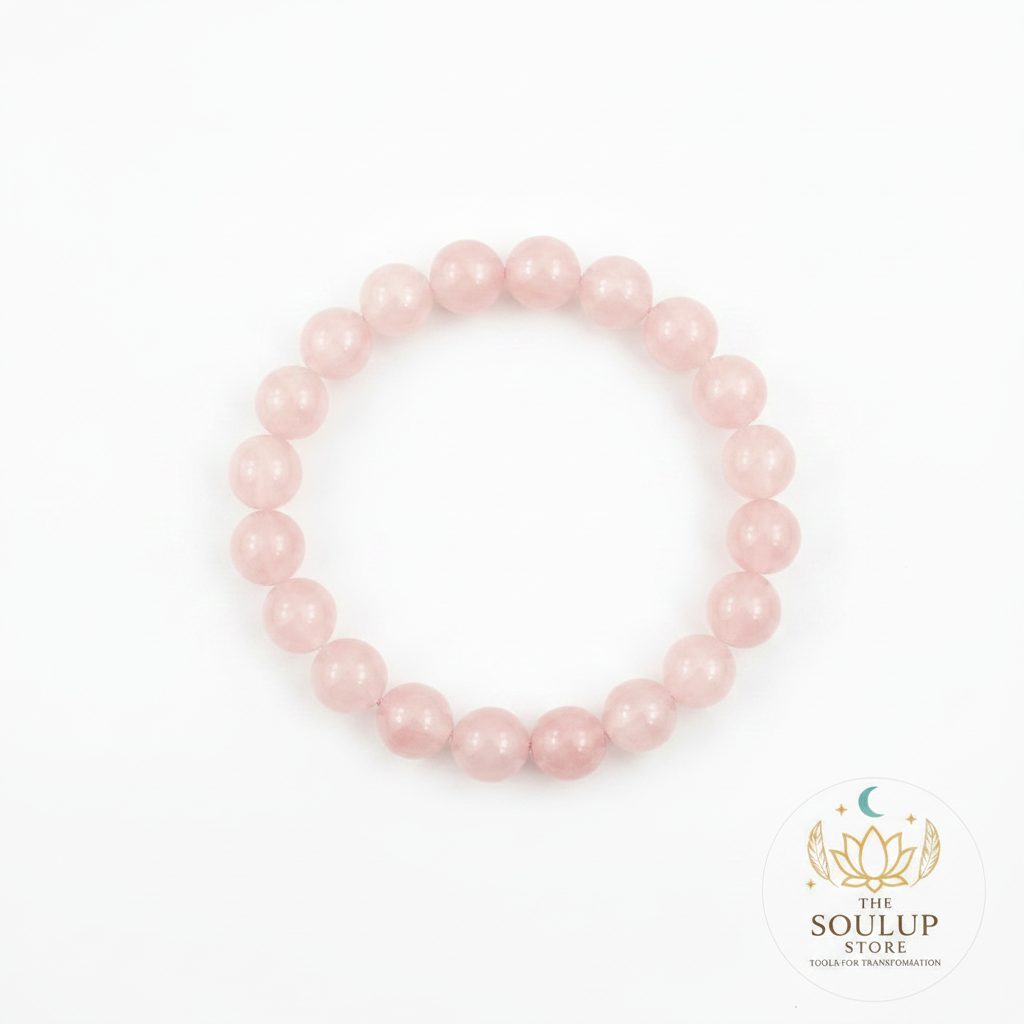 Rose Quartz 8mm crystal bracelet top-down view on white background with SoulUp Store logo