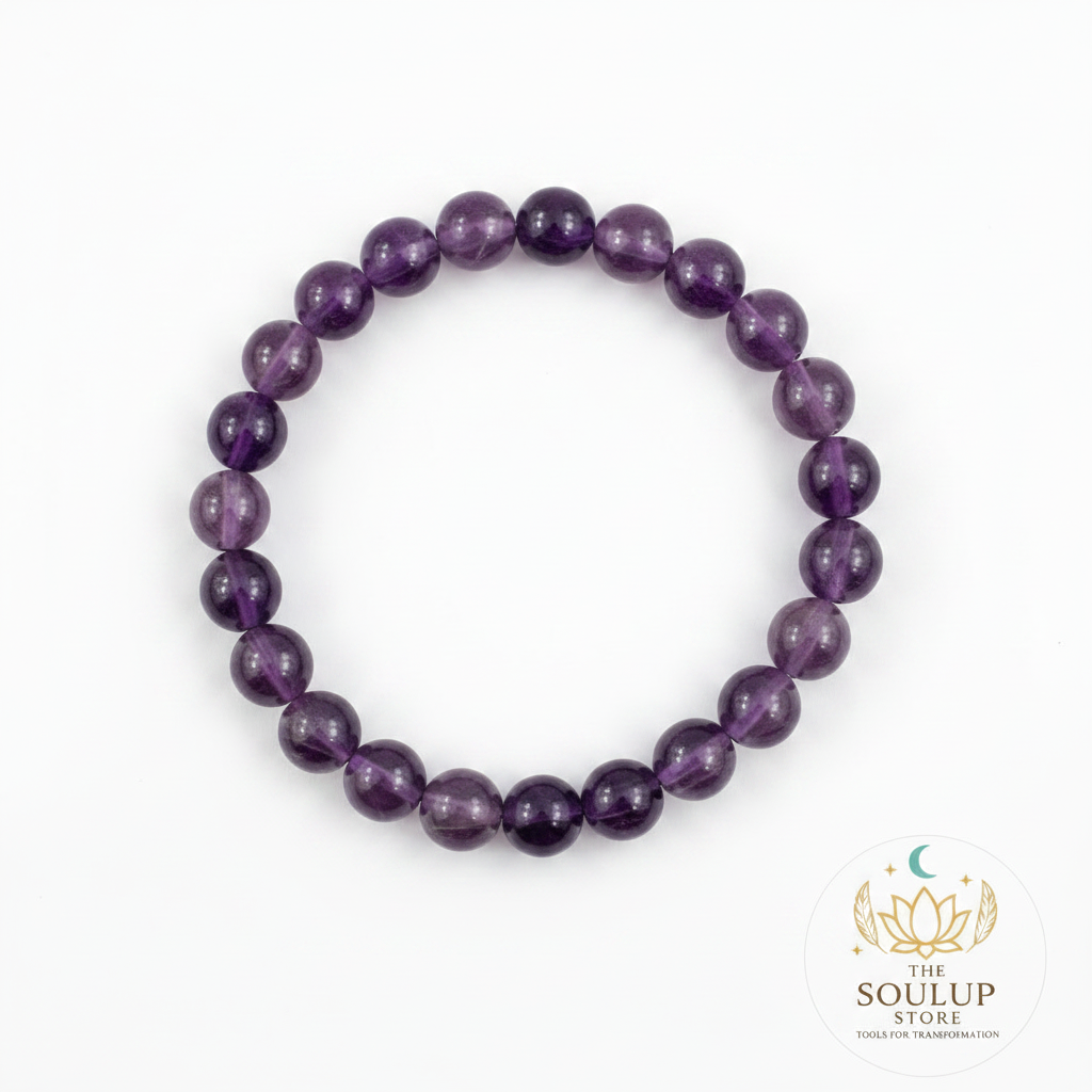 Amethyst 8mm crystal bracelet flat lay on white background with SoulUp Store logo
