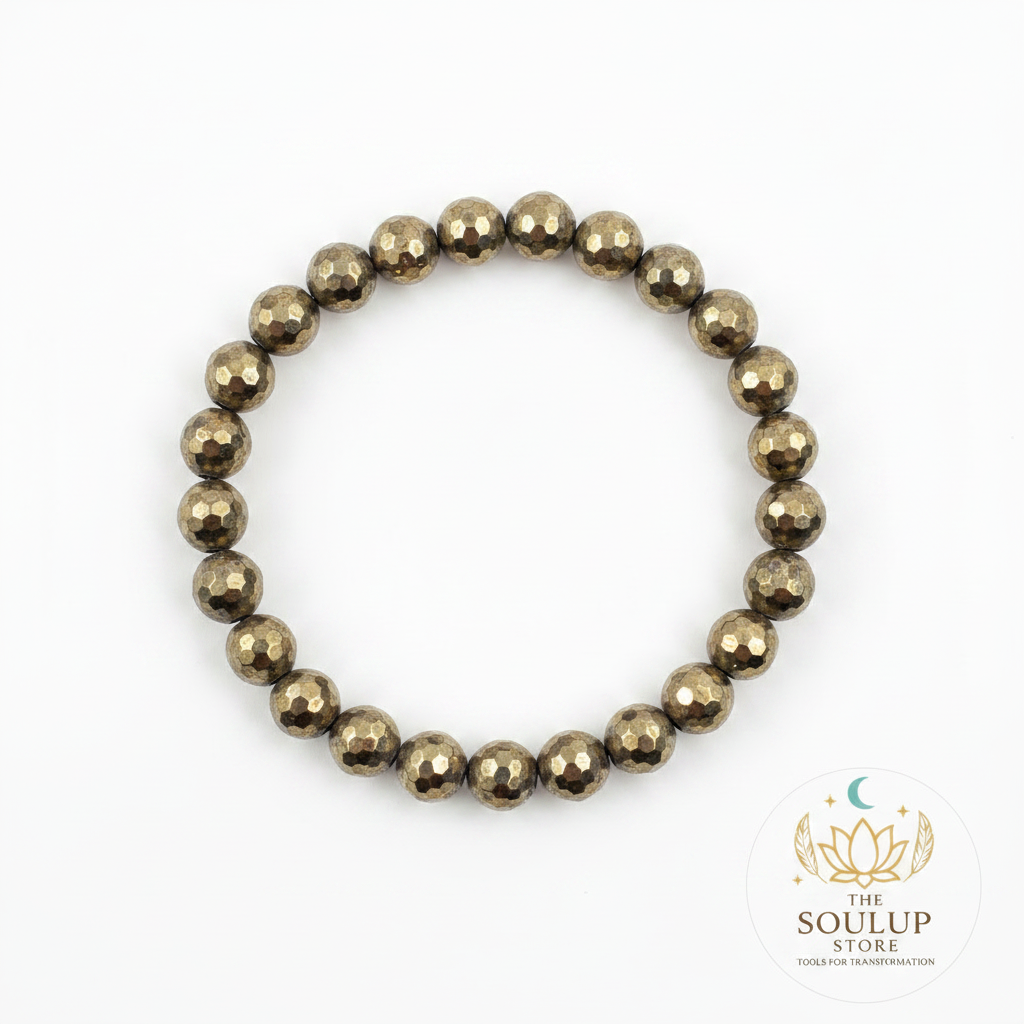 Pyrite 8mm crystal bracelet flat lay on white background with SoulUp Store logo