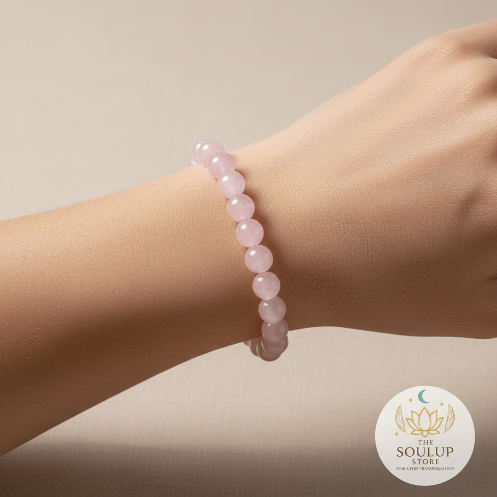 Rose Quartz crystal bracelet worn on wrist, single bracelet, no other jewellery