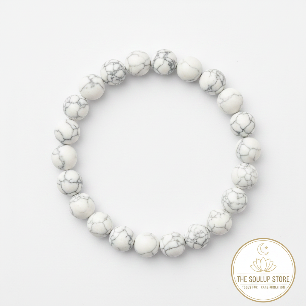 Howlite 8mm crystal bracelet top-down view on white background with SoulUp Store logo