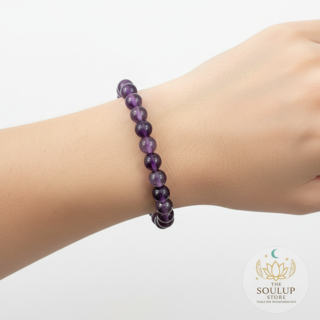 Amethyst crystal bracelet worn on wrist, single bracelet, no other jewellery