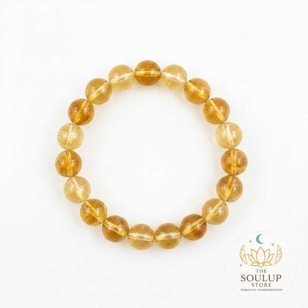 Citrine 8mm crystal bracelet top-down view on white background with SoulUp Store logo