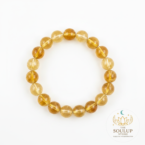 Citrine 8mm crystal bracelet top-down view on white background with SoulUp Store logo