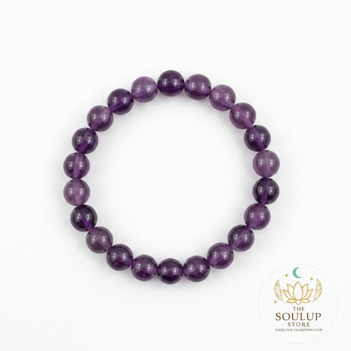 Amethyst 8mm crystal bracelet top-down view on white background with SoulUp Store logo