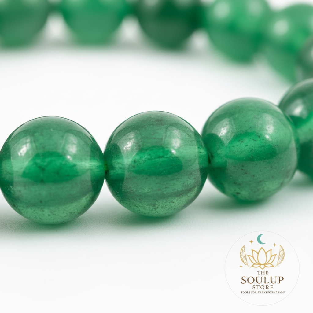 Close-up of Green Aventurine 8mm natural gemstone beads with SoulUp Store logo