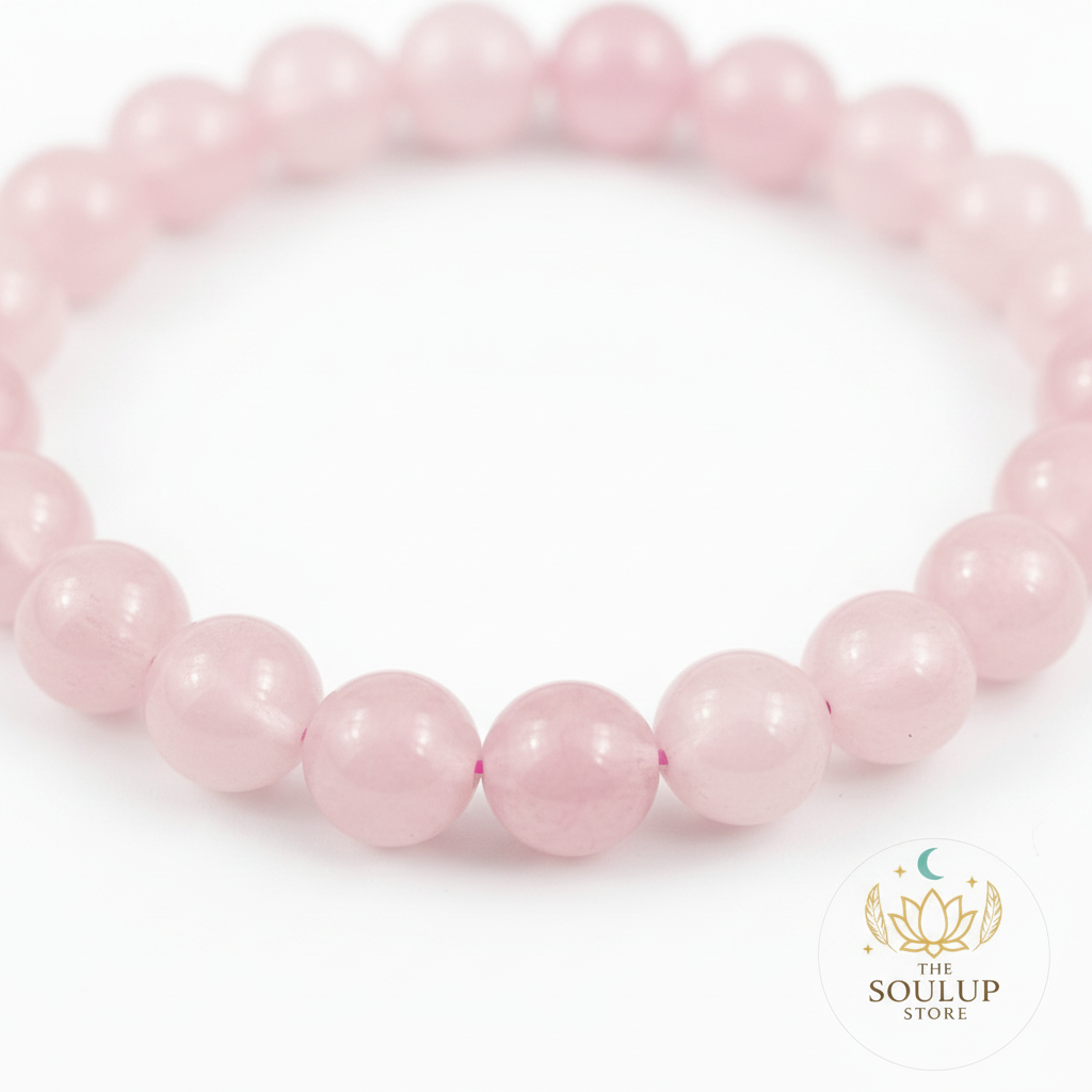 Close-up of Rose Quartz 8mm natural gemstone beads with SoulUp Store logo