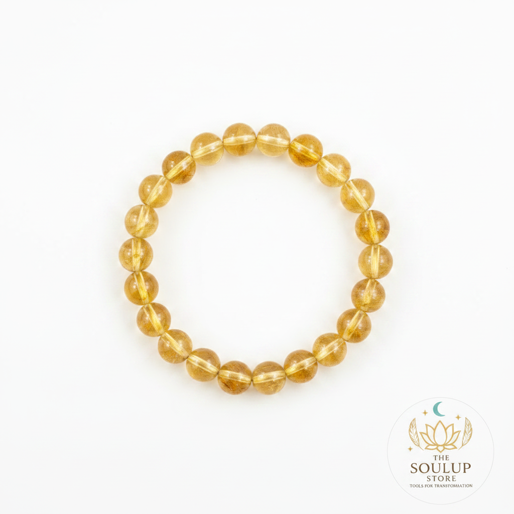 Citrine 8mm crystal bracelet flat lay on white background with SoulUp Store logo